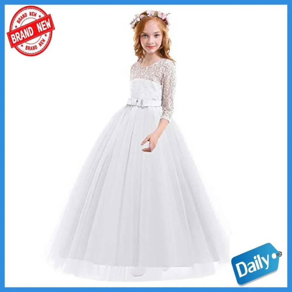 Girls Floral Lace 3/4 Sleeve Floor Length Formal Dress Size 2-14Y